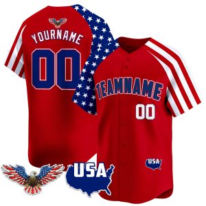Red Alternate Royal - White Independence Day Personalized Baseball Jersey - Eagle Logo Patch