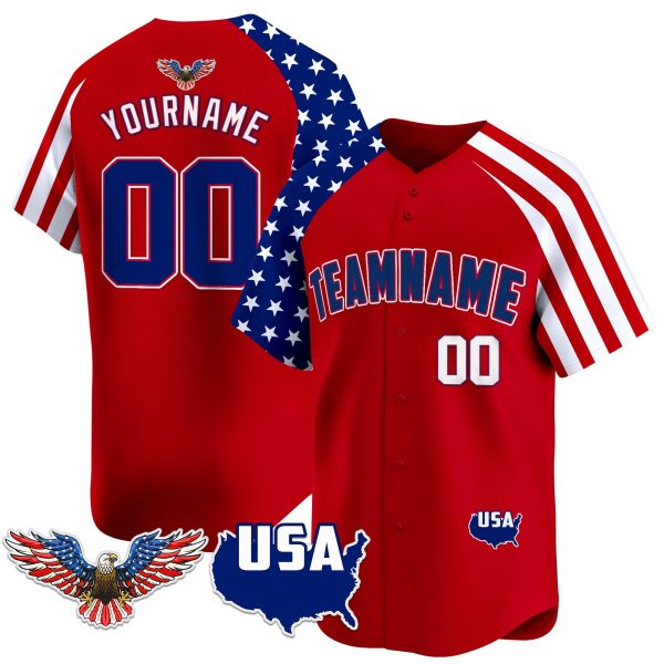 Red Alternate Royal - White Independence Day Personalized Baseball Jersey - Eagle Logo Patch