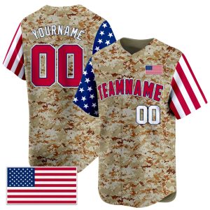 Sand Red - White Camo USA Flag Personalized Baseball Jersey - Color Sleeve