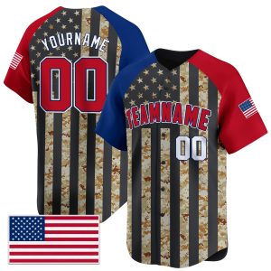 Brown Camo Alternate Red - White USA Flag Pattern Personalized Baseball Jersey