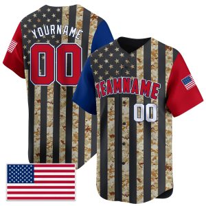 Brown Red - White Color Sleeve Camo USA Flag Pattern Personalized Baseball Jersey