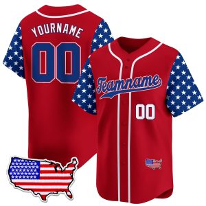 Red Royal - White Independence Day Star Pattern Sleeve Personalized Baseball Jersey - USA Map