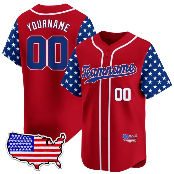 Red Royal - White Independence Day Star Pattern Sleeve Personalized Baseball Jersey - USA Map