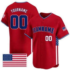 Red Royal - White Independence Day Personalized Baseball Jersey - USA Flag Patch - Embroidered