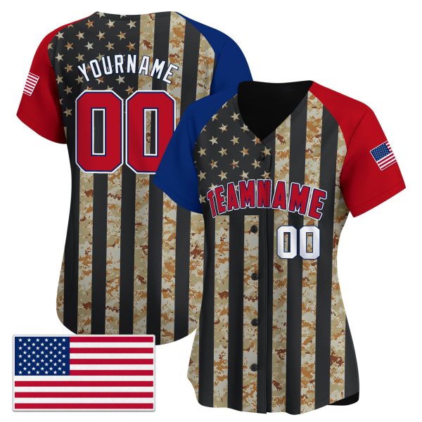 Brown Camo Alternate Red - White USA Flag Pattern Personalized Baseball Jersey - Image 2