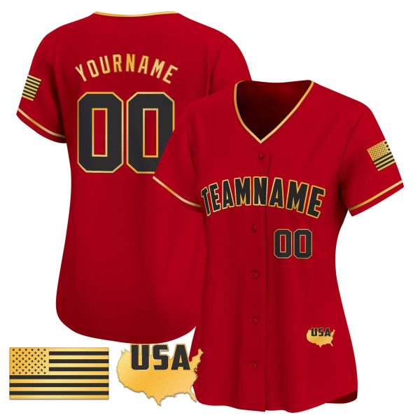Red Gold- Black American Flag Gold Personalized Baseball Jersey - Image 2