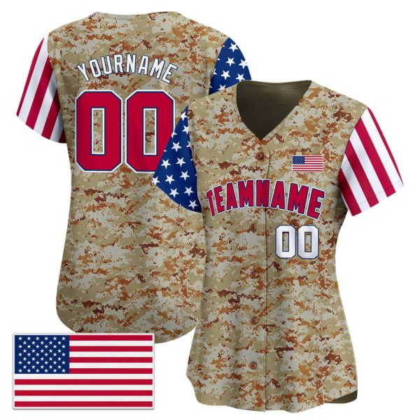 Sand Red - White Camo USA Flag Personalized Baseball Jersey - Color Sleeve - Image 2