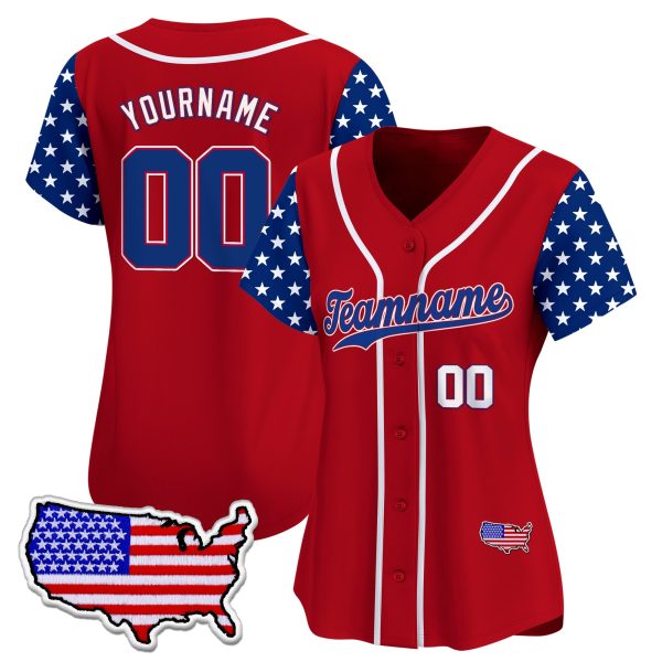 Red Royal - White Independence Day Star Pattern Sleeve Personalized Baseball Jersey - USA Map - Image 2