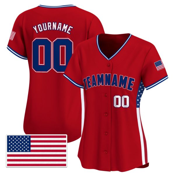 Red Royal - White Independence Day Personalized Baseball Jersey - USA Flag Patch - Embroidered - Image 2