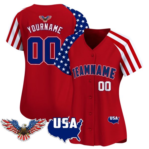 Red Alternate Royal - White Independence Day Personalized Baseball Jersey - Eagle Logo Patch - Image 2