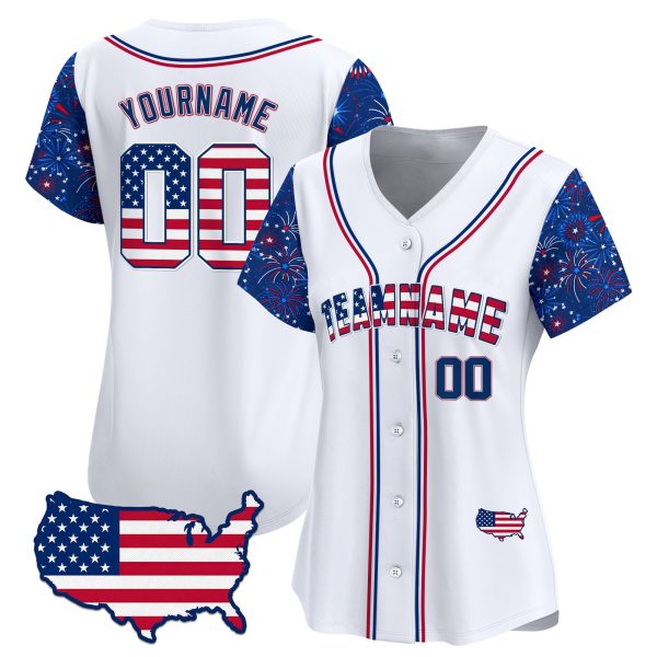 White Royal - Red Independence Personalized Baseball Jersey -  Firework Pattern Sleeve - Image 2