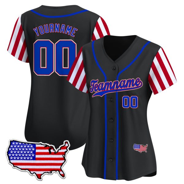 Black Royal- Red Independence Day Color Sleeve Personalized Baseball Jersey - USA Map - Image 2