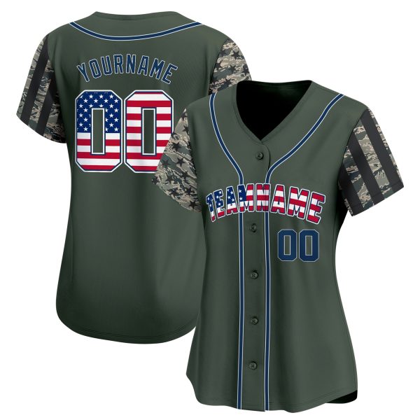 Forest Green Camo USA Flag - Navy Personalized Baseball Jersey - Image 2