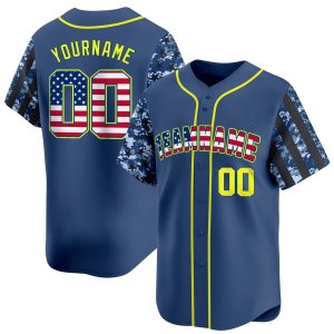 Navy Camo USA Flag - Yellow Personalized Baseball Jersey