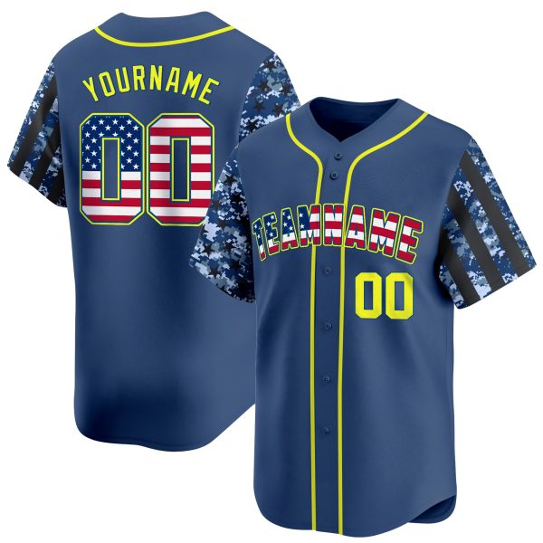 Navy Camo USA Flag - Yellow Personalized Baseball Jersey