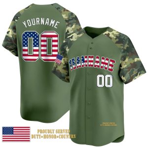 Green Camo USA Flag - White Personalized Baseball Jersey