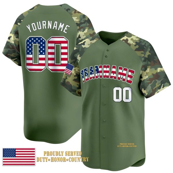Green Camo USA Flag - White Personalized Baseball Jersey