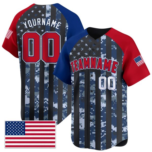 Navy Camo Alternate Red - White Navy USA Flag Pattern Personalized Baseball Jersey