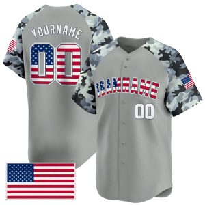 Gray Alternate Red - White Camo Personalized Baseball Jersey - American Flag