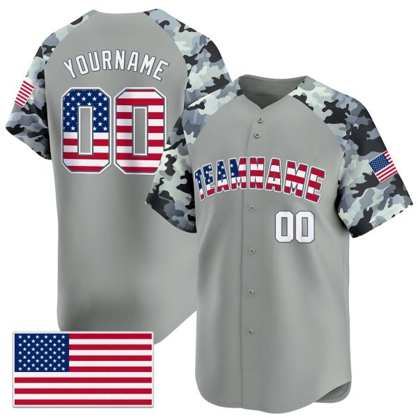 Gray Alternate Red - White Camo Personalized Baseball Jersey - American Flag