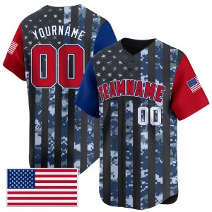 Blue Navy Red - White Color Sleeve Camo USA Flag Pattern Personalized Baseball Jersey