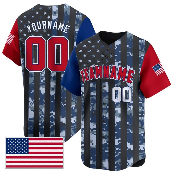 Blue Navy Red - White Color Sleeve Camo USA Flag Pattern Personalized Baseball Jersey