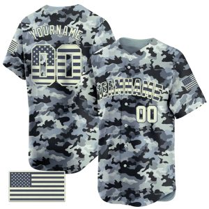 Light Grey Camo - Green Personalized Baseball Jersey - American Flag