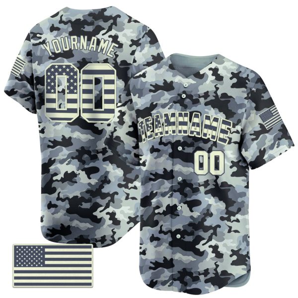 Light Grey Camo - Green Personalized Baseball Jersey - American Flag