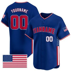 Royal Red - White Independence Day Personalized Baseball Jersey - USA Flag Patch