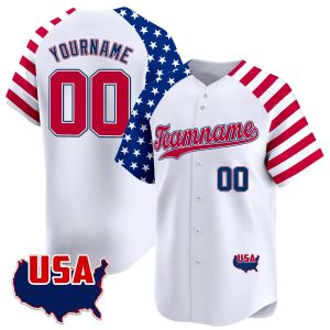 White Alternate Red - Royal Independence Day Personalized Baseball Jersey - USA Map