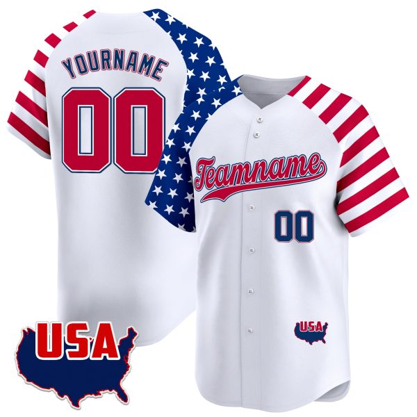 White Alternate Red - Royal Independence Day Personalized Baseball Jersey - USA Map