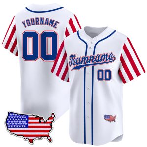 White Royal- Red Independence Day Color Sleeve Personalized Baseball Jersey - USA Map