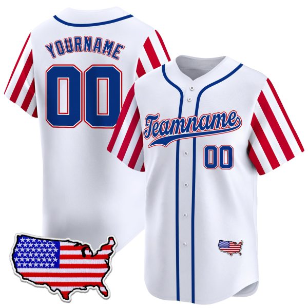 White Royal- Red Independence Day Color Sleeve Personalized Baseball Jersey - USA Map