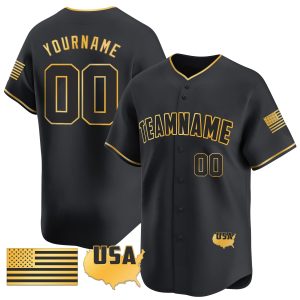 Black Gold- Black American Flag Gold Personalized Baseball Jersey