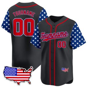 Black Red Independence Day Star Pattern Sleeve Personalized Baseball Jersey - USA Map