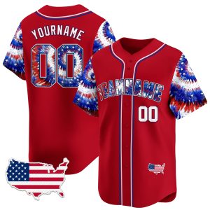 Red Royal - White Independence Day Tie Dye Personalized Baseball Jersey