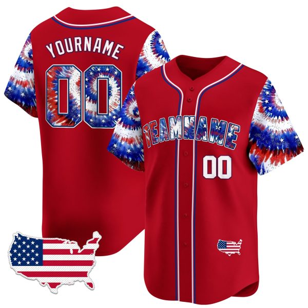 Red Royal - White Independence Day Tie Dye Personalized Baseball Jersey