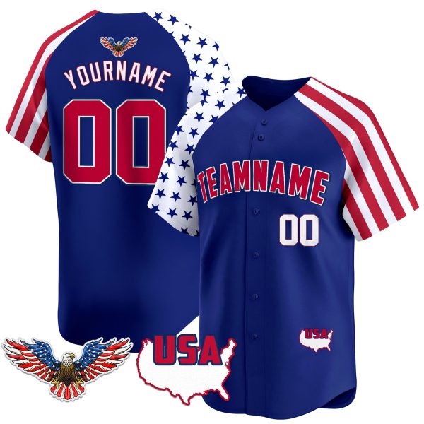 Royal Alternate Red - White Independence Day Personalized Baseball Jersey - Eagle Logo Patch