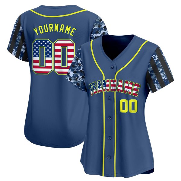 Navy Camo USA Flag - Yellow Personalized Baseball Jersey - Image 2