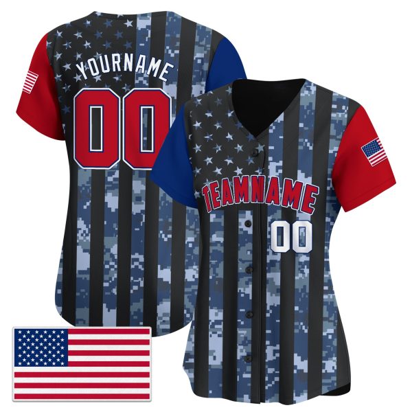 Blue Navy Red - White Color Sleeve Camo USA Flag Pattern Personalized Baseball Jersey - Image 2
