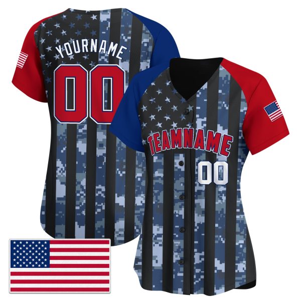 Navy Camo Alternate Red - White Navy USA Flag Pattern Personalized Baseball Jersey - Image 2