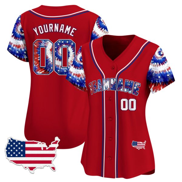 Red Royal - White Independence Day Tie Dye Personalized Baseball Jersey - Image 2
