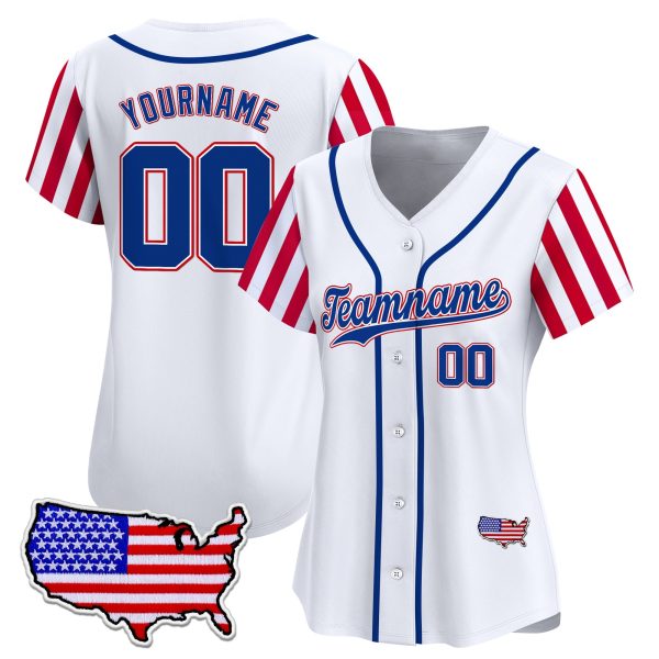 White Royal- Red Independence Day Color Sleeve Personalized Baseball Jersey - USA Map - Image 2