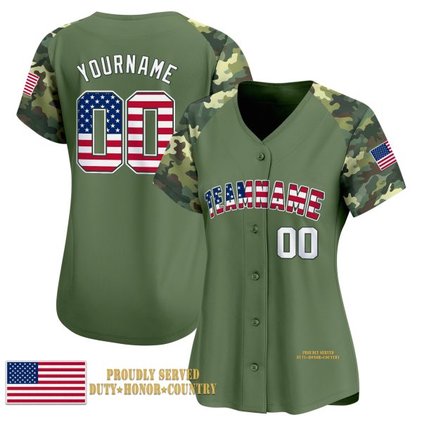 Green Camo USA Flag - White Personalized Baseball Jersey - Image 2