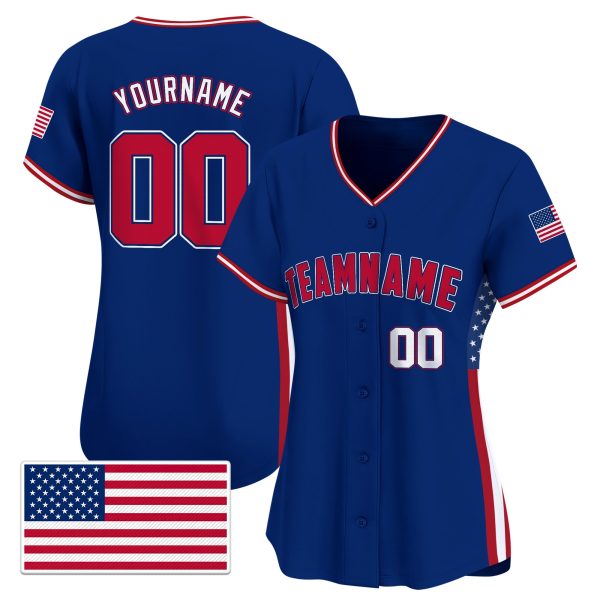 Royal Red - White Independence Day Personalized Baseball Jersey - USA Flag Patch - Image 2