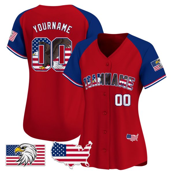 Red Alternate Royal - White Bald Eagle Independence Day Personalized Baseball Jersey - Image 2