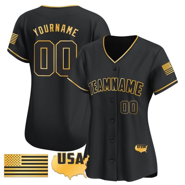 Black Gold- Black American Flag Gold Personalized Baseball Jersey - Image 2