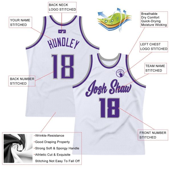 White Purple-Gray Authentic Throwback Personalized Basketball Jersey - Image 2