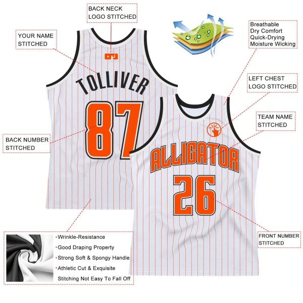 White Orange Pinstripe Orange-Black Authentic Personalized Basketball Jersey - Image 2
