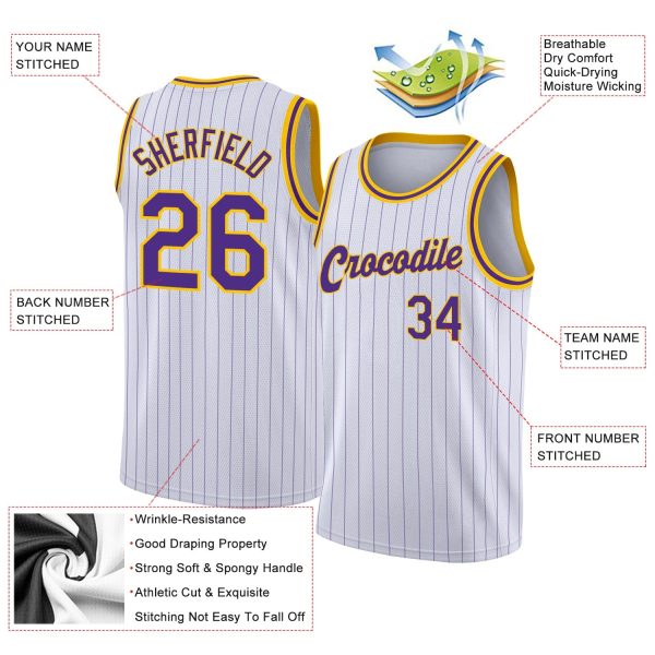 White Purple Pinstripe Purple-Gold Authentic Personalized Basketball Jersey - Image 2